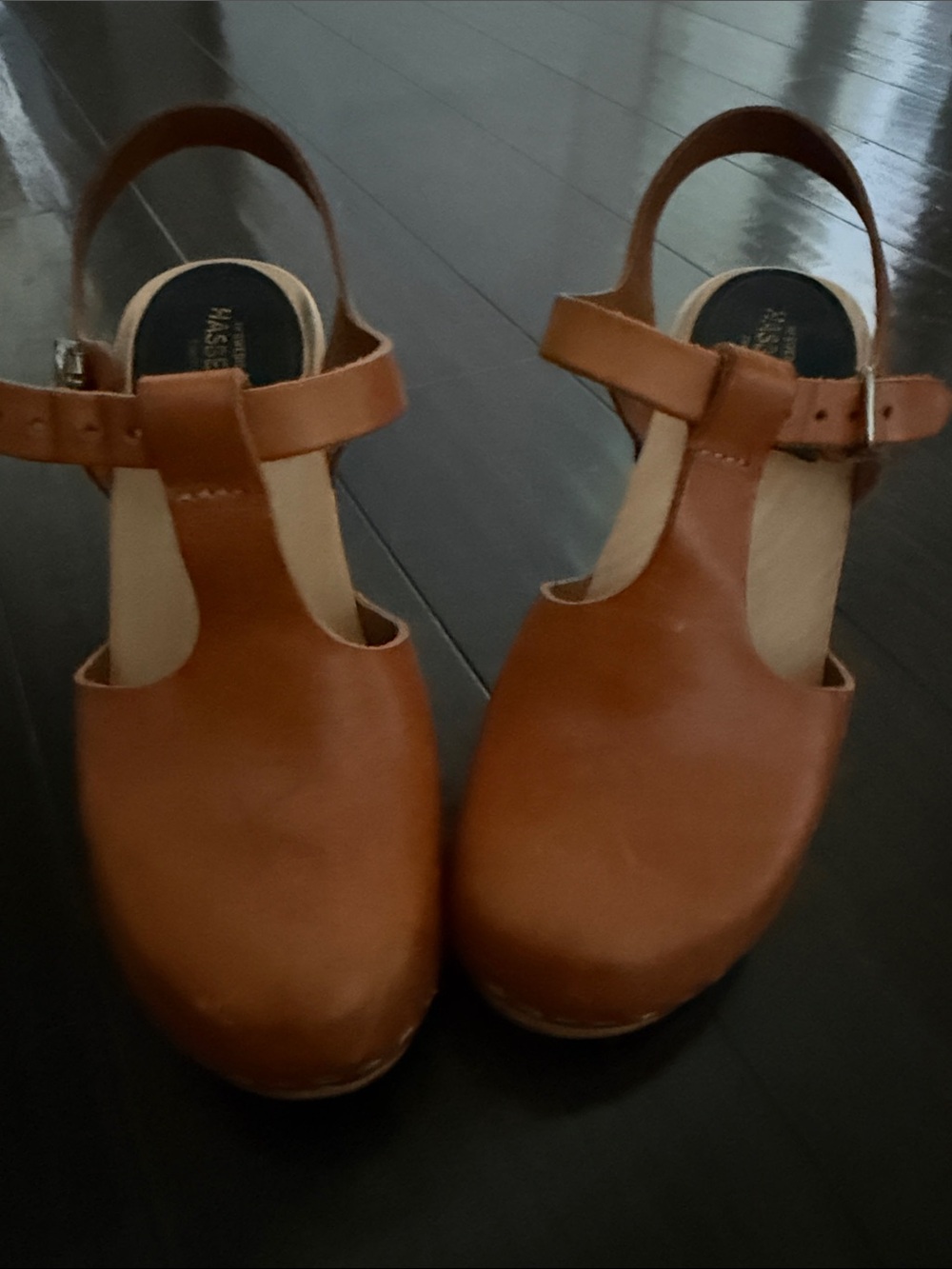 Swedish Hasbeens Leather T-Strap Clogs